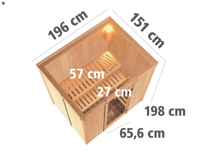 Fanja - Karibu Sauna Plug & Play 3,6 kW Ofen, ext. Steuerung - ohne Dachkranz - Energiespartür