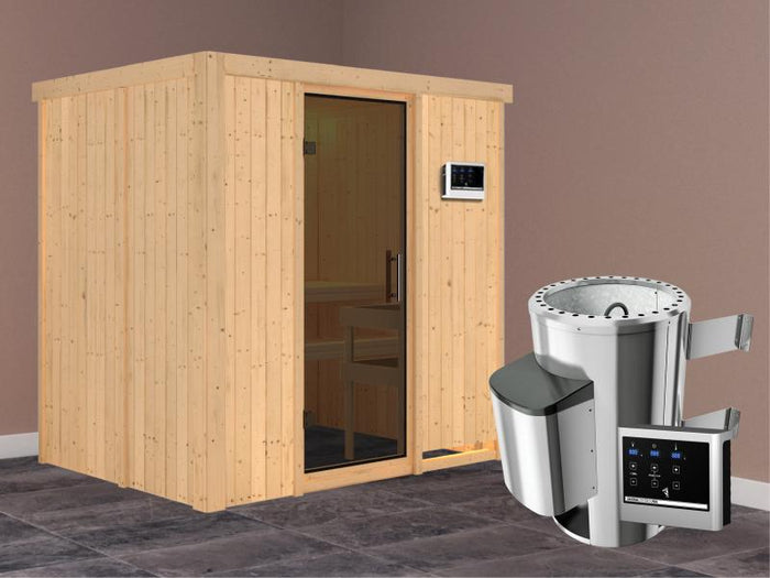 Fanja - Karibu Sauna Plug & Play 3,6 kW Ofen, ext. Steuerung - ohne Dachkranz - Moderne Saunatür