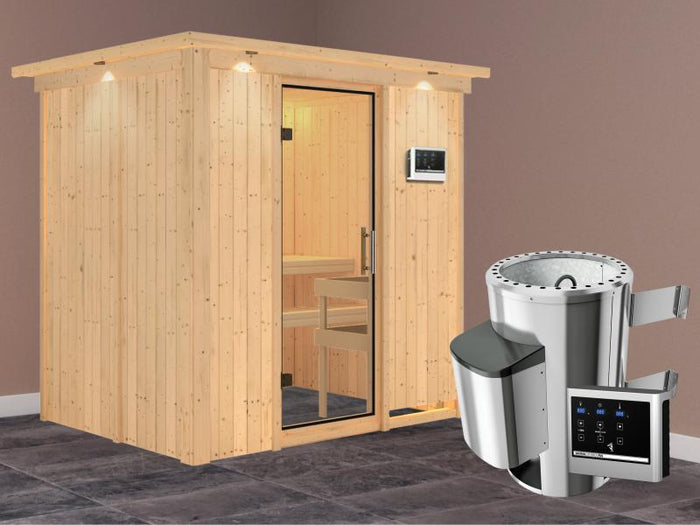 Fanja - Karibu Sauna Plug & Play 3,6 kW Ofen, ext. Steuerung - mit Dachkranz - Klarglas Ganzglastür