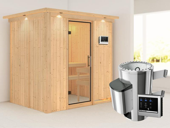 Fanja - Karibu Sauna Plug & Play 3,6 kW Ofen, ext. Steuerung - mit Dachkranz - Klarglas Ganzglastür