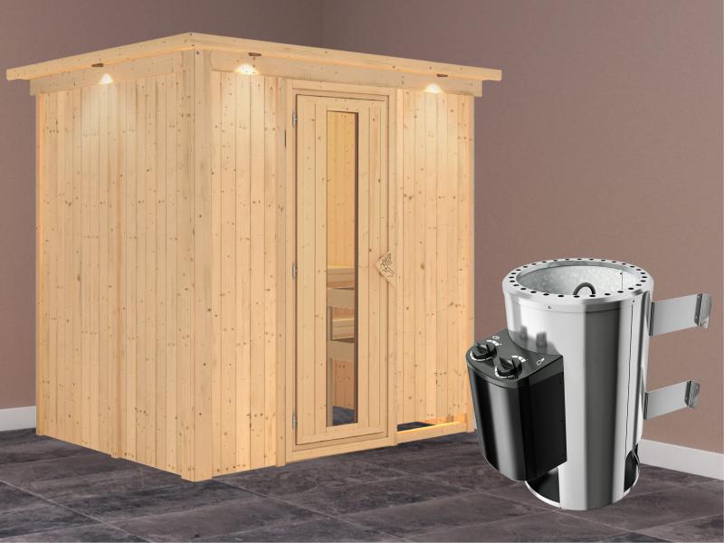 Fanja - Karibu Sauna Plug & Play 3,6 kW Ofen, int. Steuerung - mit Dachkranz - Energiespartür