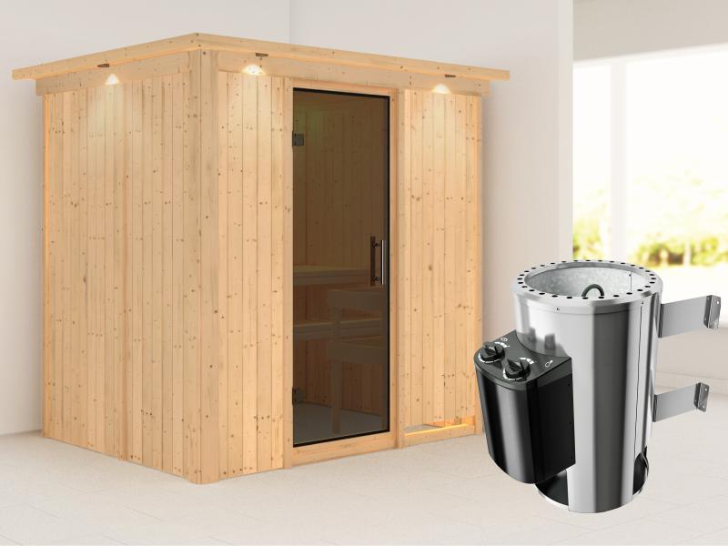 Fanja - Karibu Sauna Plug & Play 3,6 kW Ofen, int. Steuerung - mit Dachkranz - Moderne Saunatür
