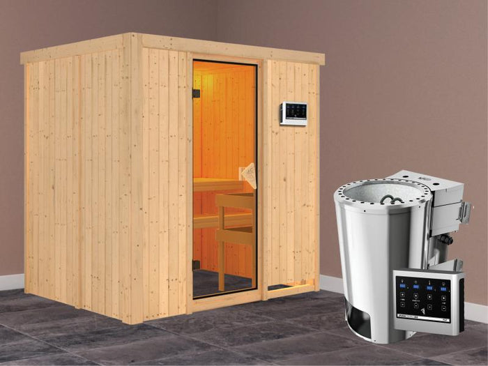 Fanja - Karibu Sauna Plug & Play inkl. 3,6 kW-Bioofen - ohne Dachkranz -