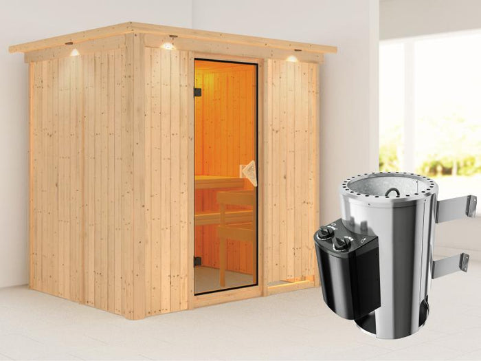 Fanja - Karibu Sauna Plug & Play inkl. 3,6 kW-Ofen - mit Dachkranz -