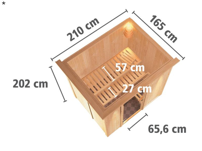 Fanja - Karibu Sauna Plug & Play inkl. 3,6 kW-Ofen - mit Dachkranz -