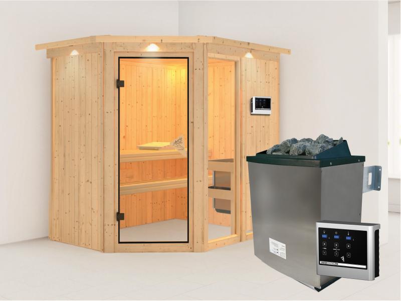 Fiona 1 - Karibu Sauna inkl. 9-kW-Ofen - mit Dachkranz -
