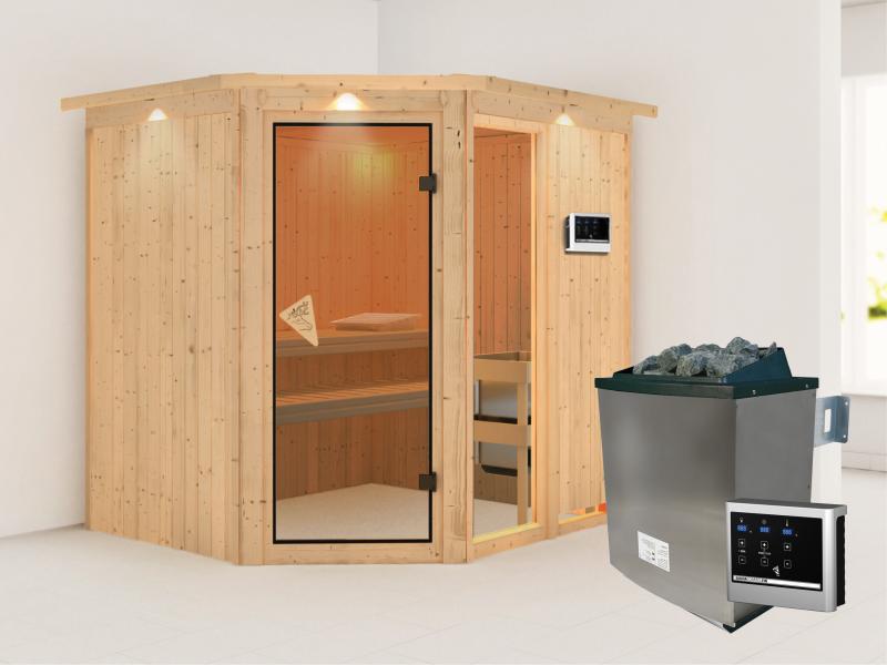 Fiona 2 - Karibu Sauna inkl. 9-kW-Ofen - mit Dachkranz -