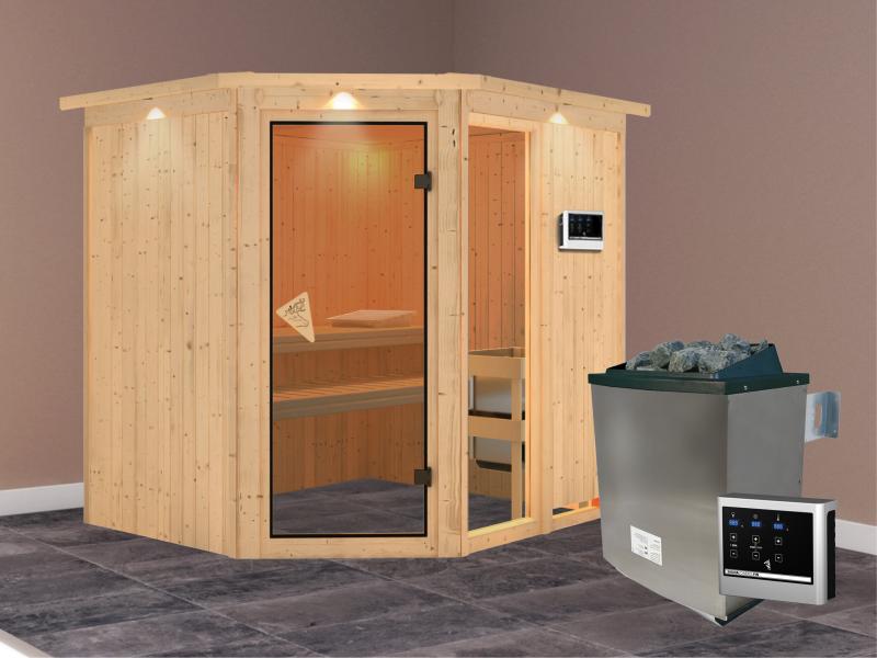 Fiona 2 - Karibu Sauna inkl. 9-kW-Ofen - mit Dachkranz -
