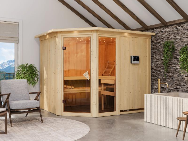 Fiona 3 - Karibu Sauna inkl. 9-kW-Ofen - mit Dachkranz -