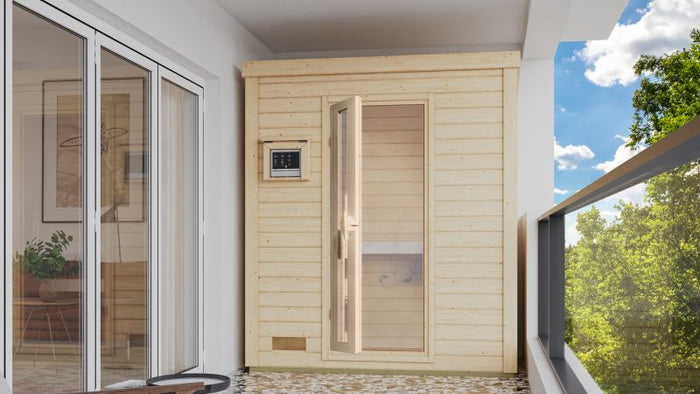 Karibu Saunahaus Hytti 0  38 mm - Ofen 9kW Bio ext. Strg. - Iso Tür naturbelassen