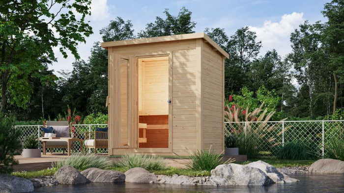 Karibu Saunahaus Hytti 1  38 mm - inkl. 9 kW Ofen ext. Steuerung - mit Energiespartür und Fußboden