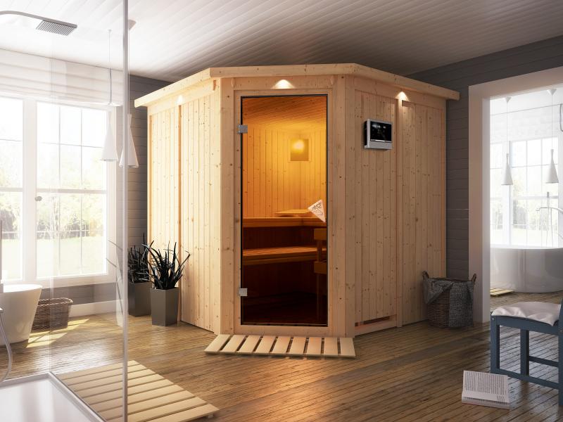 Jarin - Karibu Sauna inkl. 9-kW-Ofen - mit Dachkranz -