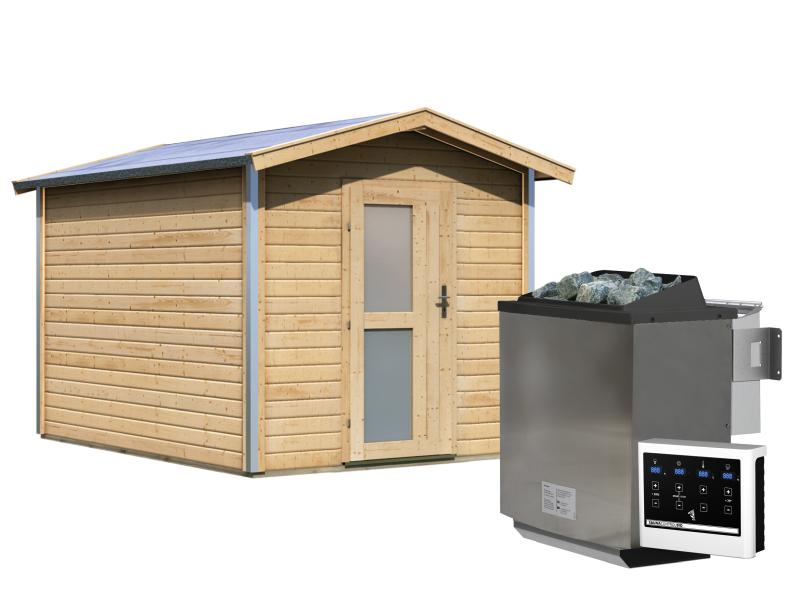 Karibu 38 mm Saunahaus Bosse 1 mit Vorraum - 9 kW Bio Ofen, ext. Steuerung - Milchglastür