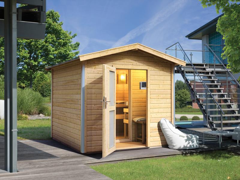 Karibu 38 mm Saunahaus Bosse 1 mit Vorraum - 9 kW Bio Ofen, ext. Steuerung - Milchglastür