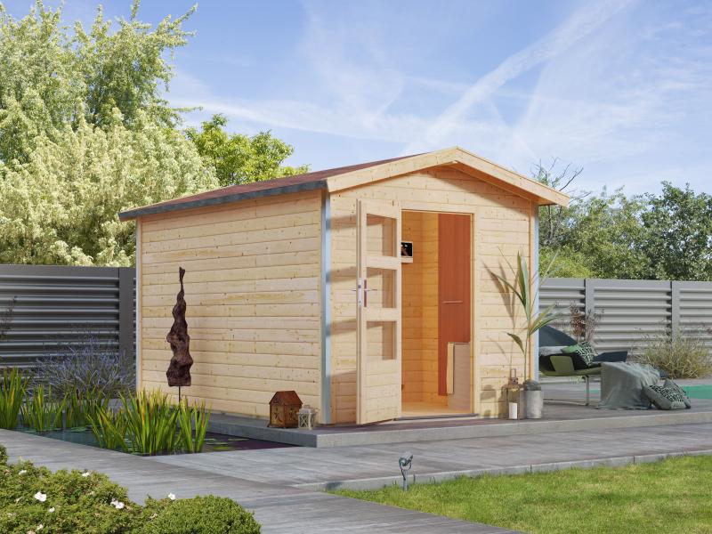 Karibu 38 mm Saunahaus Bosse 1 mit Vorraum - 9 kW Ofen, ext. Steuerung - Moderne Saunatür