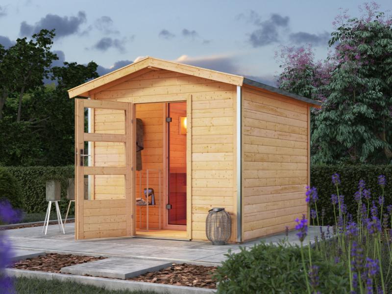 Karibu 38 mm Saunahaus Bosse 1 mit Vorraum - ohne Ofen - Moderne Saunatür