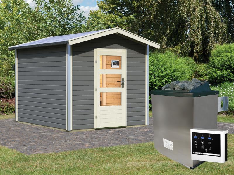 Karibu 38 mm Saunahaus Bosse 1 terragrau mit Vorraum - 9 kW Ofen, ext. Steuerung - Moderne Saunatür