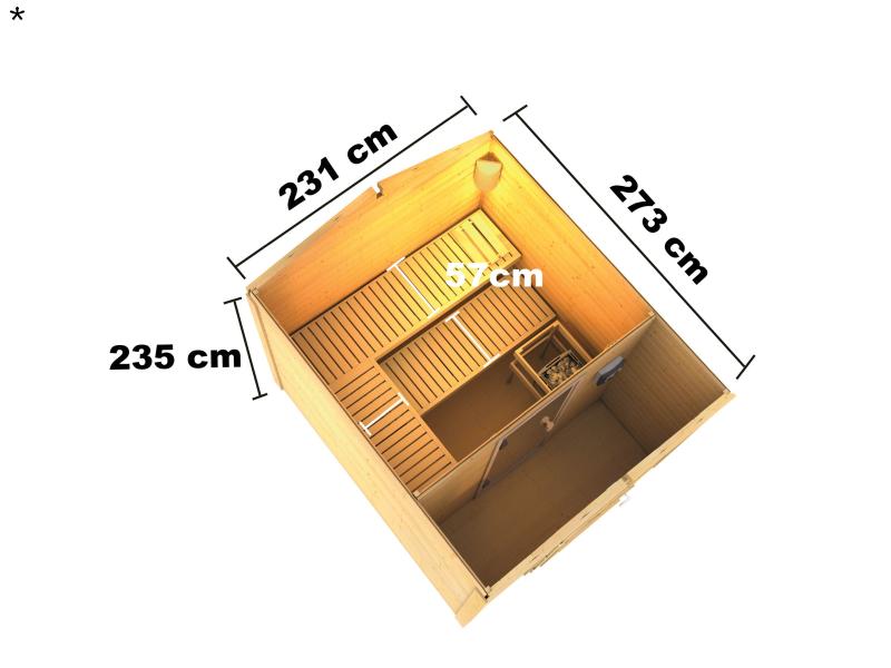 Karibu 38 mm Saunahaus Bosse 1 terragrau mit Vorraum - 9 kW Bio Ofen, ext. Steuerung - Moderne Sauna