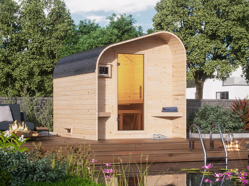 Karibu Fasshaus 2 asymmetrisch, inkl. 9 kW Bioofen ext. Steuerung