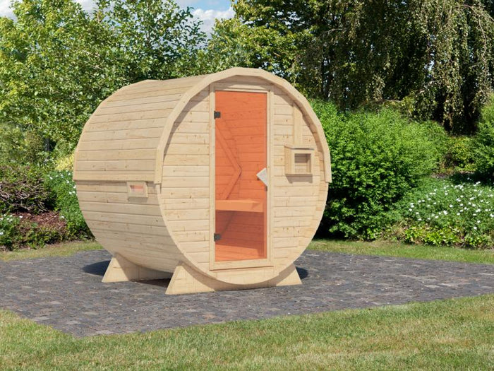 Karibu Fasssauna 1 ohne Ofen - 38 mm- im Set mit Dachschindeln in dunkelrot