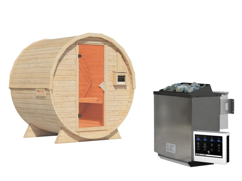 Karibu Fasssauna 1, 38 mm-  inkl. 9 kW Bioofen externe Steuerung