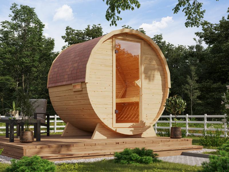 Karibu Fasssauna 1, 38 mm-  inkl. 9 kW Bioofen externe Steuerung