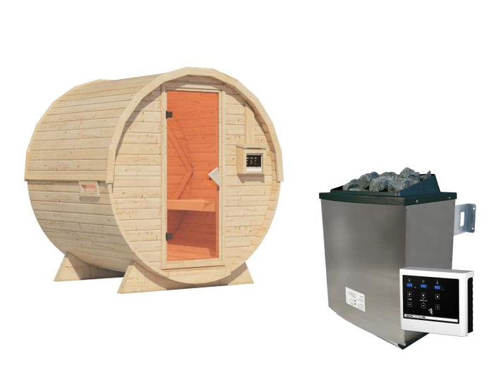 Karibu Fasssauna 1, 38 mm-  inkl. 9 kW Ofen externe Steuerung