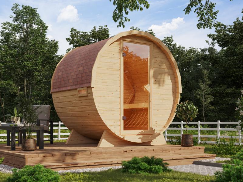 Karibu Fasssauna 1, 38 mm-  inkl. 9 kW Ofen externe Steuerung