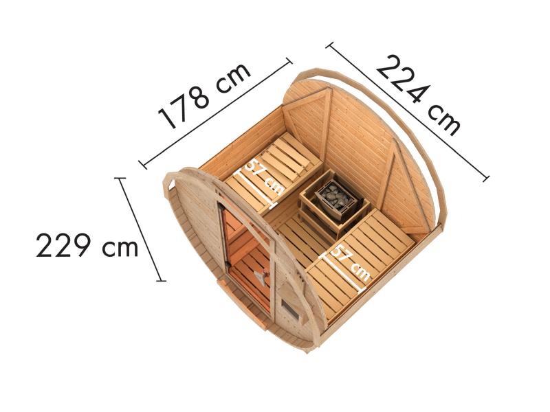 Karibu Fasssauna 1, 38 mm-  inkl. 9 kW Ofen externe Steuerung