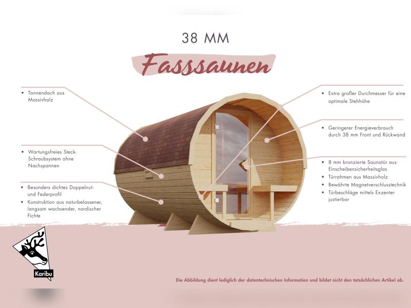Karibu Fasssauna 1, 38 mm-  inkl. 9 kW Ofen externe Steuerung