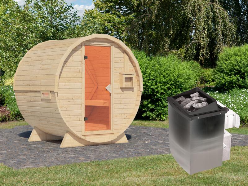 Karibu Fasssauna 1, 38 mm-  inkl. 9 kW Ofen integr. Steuerung
