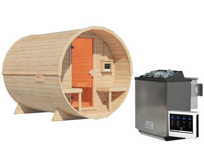 Karibu Fasssauna 2 - 38 mm - inkl. 9 kW Bioofen ext. Steuerung