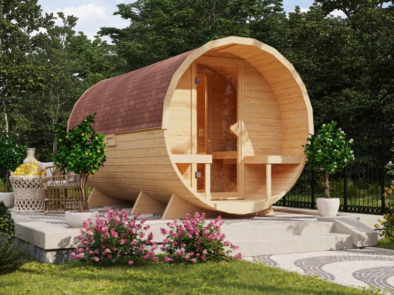 Karibu Fasssauna 3 inkl. 9 kW Bioofen externe Steuerung - 38 mm mit Vorraum