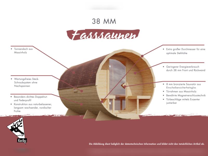 Karibu Fasssauna 3 inkl. 9 kW Ofen externe Steuerung - 38 mm mit Vorraum