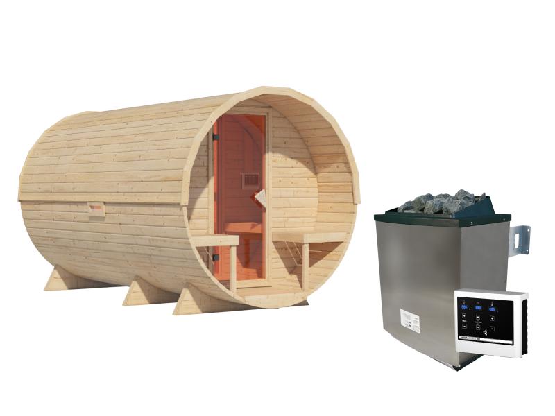 Karibu Fasssauna 3 inkl. 9 kW Ofen externe Steuerung - 38 mm mit Vorraum