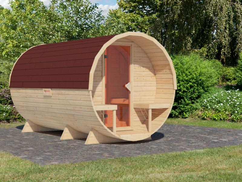 Karibu Fasssauna 3 ohne Ofen - 38 mm mit Vorraum und Rechteckschindeln