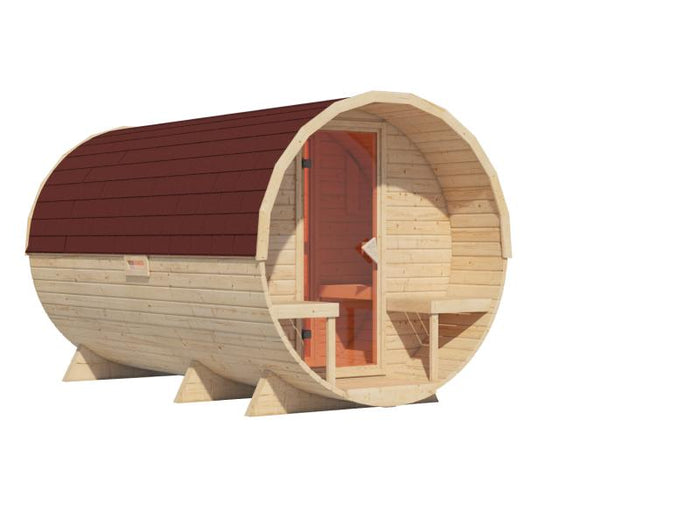 Karibu Fasssauna 3 ohne Ofen - 38 mm mit Vorraum und Rechteckschindeln