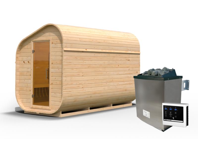 Karibu Fasssauna Asymmetrisch 3, inkl. 9 kW Ofen externe Steuerung