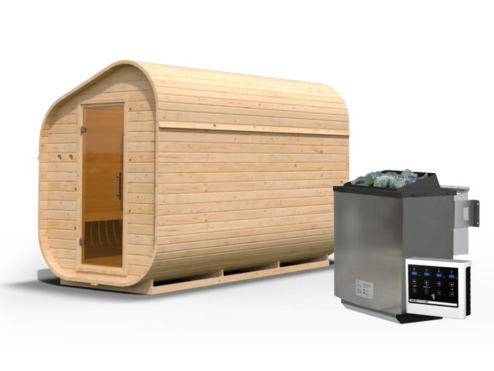 Karibu Fasssauna Asymmetrisch 3, inkl. 9 kW Bioofen externe Steuerung