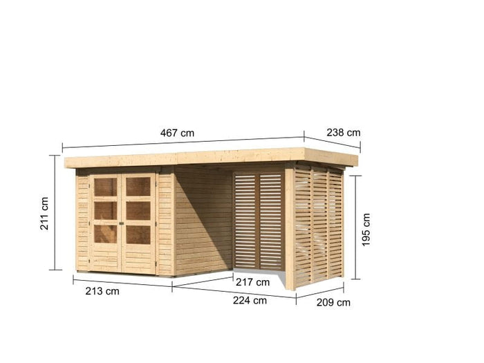 Karibu Gartenhaus Askola 2 inkl. 2,4 m Anbaudach mit Lamellenwänden