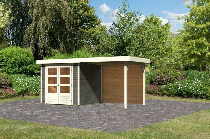 Karibu Gartenhaus Askola 2 mit Anbaudach 2,40 m, Rückwand terragrau