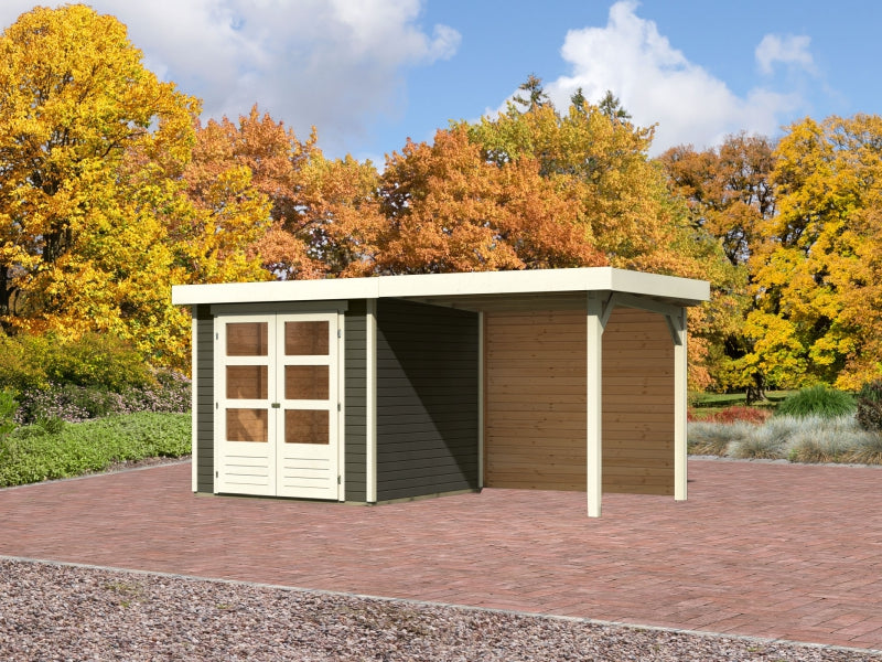 Karibu Gartenhaus Askola 2 mit Anbaudach 2,40 m, Rückwand terragrau