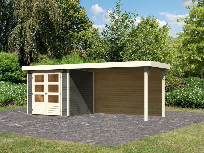 Karibu Gartenhaus Askola 2 mit Anbaudach 2,8 m und Rückwand in terragrau