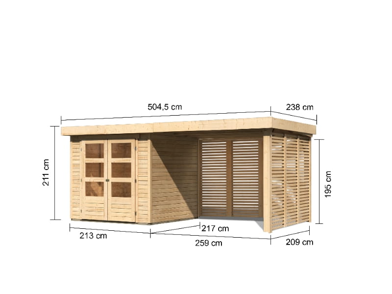 Karibu Gartenhaus Askola 2 mit Anbaudach 2,8 m und Seiten- und Rückwand in Lamellenoptik
