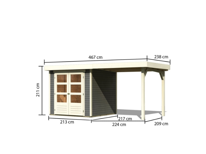 Karibu Gartenhaus Askola 2 terragrau mit Anbaudach 2,40 Meter