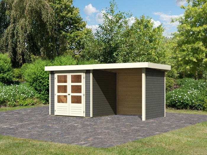 Karibu Gartenhaus Askola 2 terragrau mit Anbaudach 2,40 Meter, Seiten- und Rückwand