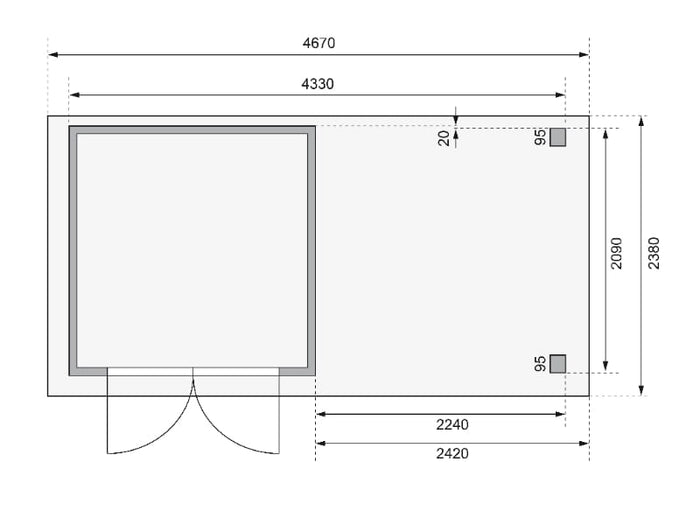 Karibu Gartenhaus Askola 2 terragrau mit Anbaudach 2,40 Meter, Seiten- und Rückwand