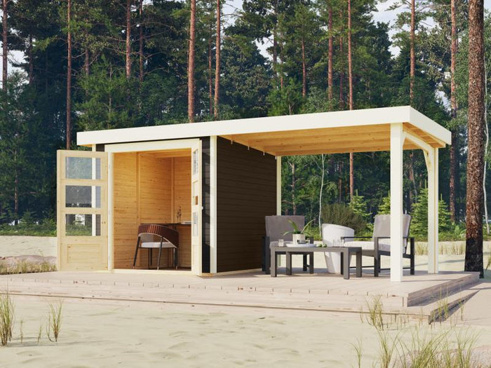 Karibu Gartenhaus Askola 2 terragrau mit Anbaudach 2,80 Meter