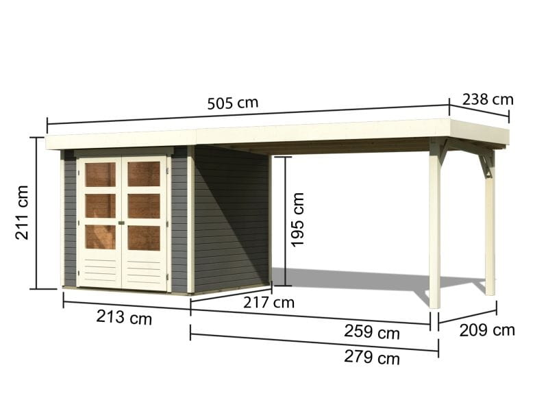 Karibu Gartenhaus Askola 2 terragrau mit Anbaudach 2,80 Meter