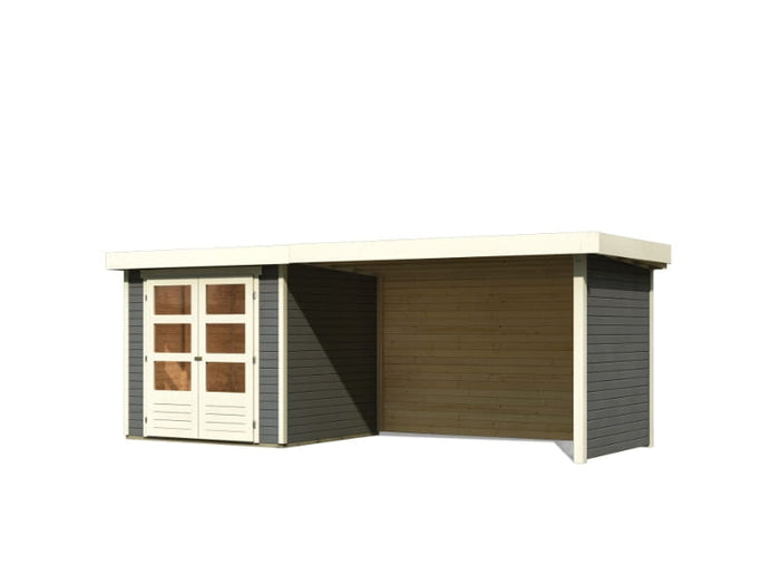 Karibu Gartenhaus Askola 2 terragrau mit Anbaudach 2,80 Meter, Seiten- und Rückwand